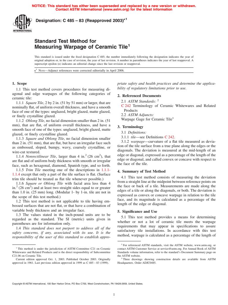 ASTM C485-83(2003)e1 - Standard Test Method for Measuring Warpage of Ceramic Tile