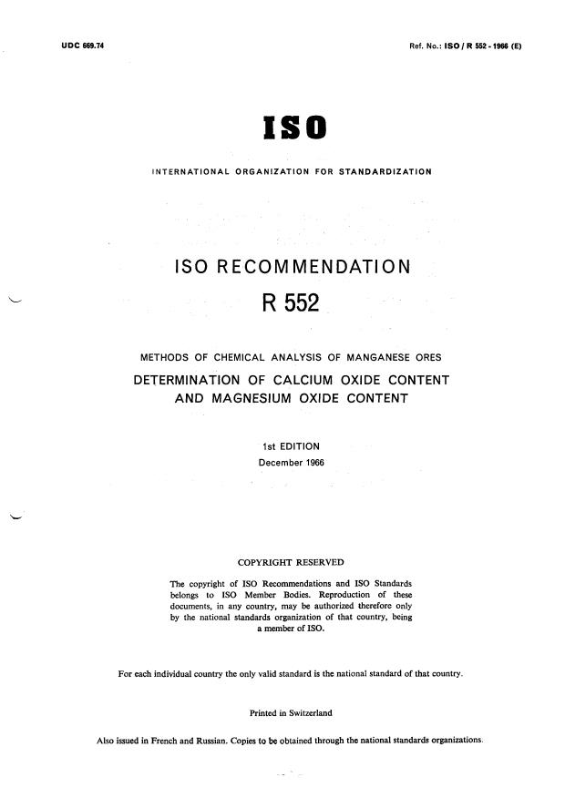 ISO/R 552:1966 - Methods of chemical analysis of manganese ores -- Determination of calcium oxide content and magnesium oxide content