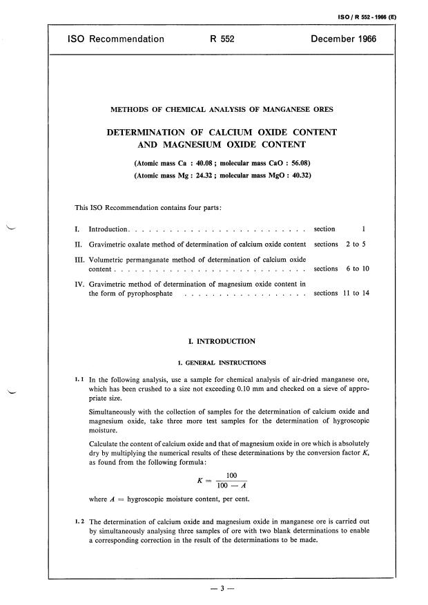 ISO/R 552:1966 - Methods of chemical analysis of manganese ores -- Determination of calcium oxide content and magnesium oxide content