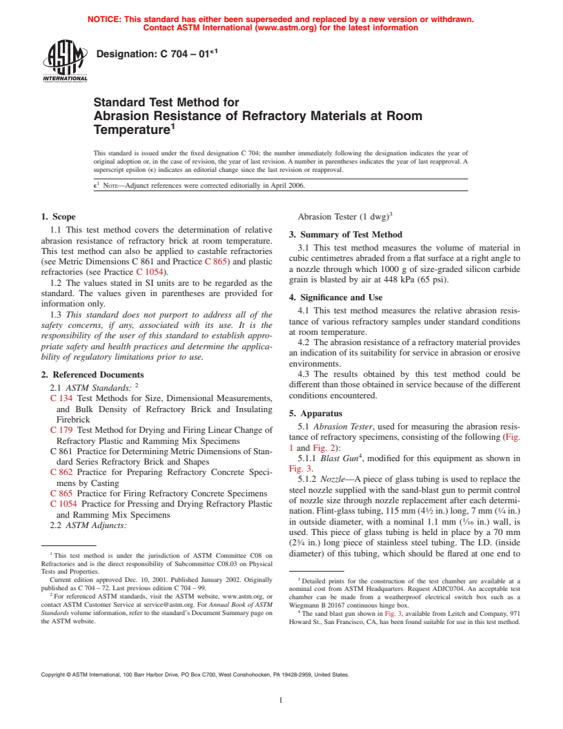 ASTM C704-01e1 - Standard Test Method for Abrasion Resistance of Refractory Materials at Room Temperature