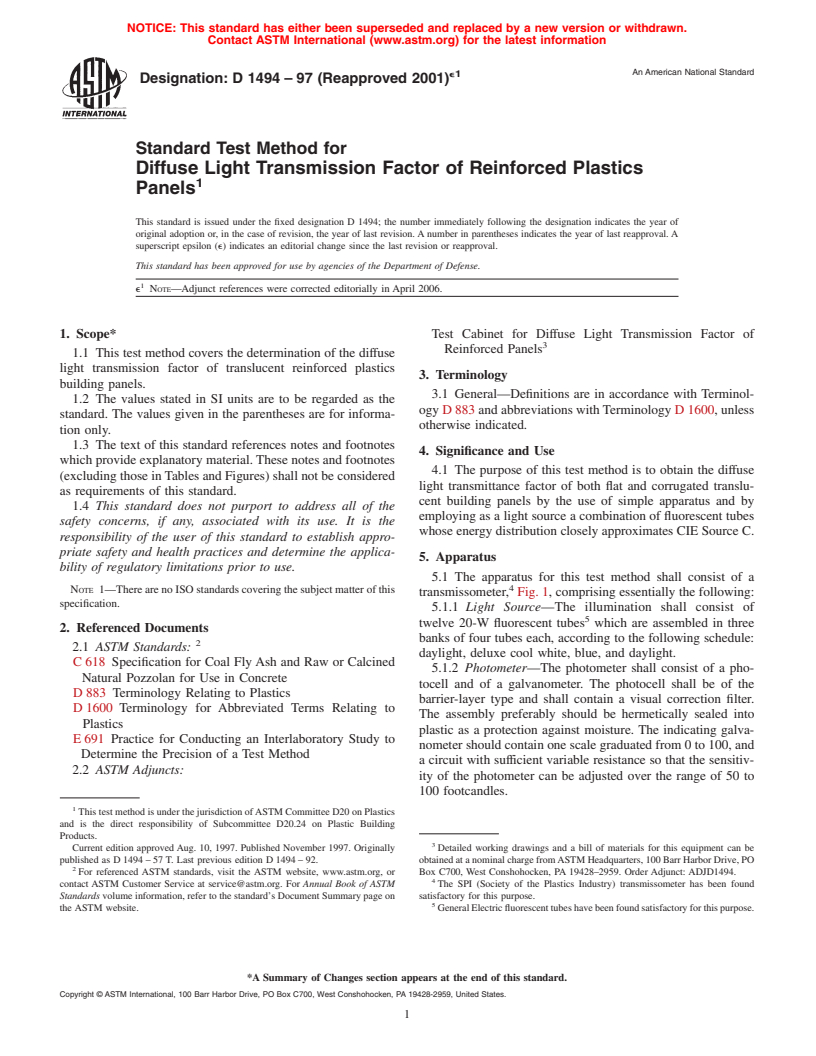 ASTM D1494-97(2001)e1 - Standard Test Method for Diffuse Light Transmission Factor of Reinforced Plastics Panels