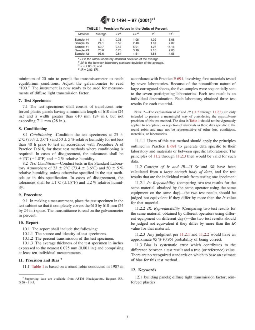 ASTM D1494-97(2001)e1 - Standard Test Method for Diffuse Light Transmission Factor of Reinforced Plastics Panels