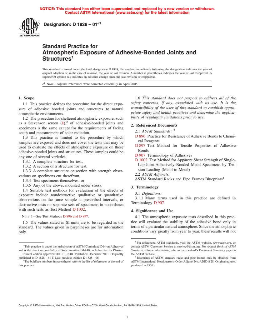 ASTM D1828-01e1 - Standard Practice for Atmospheric Exposure of Adhesive-Bonded Joints and Structures