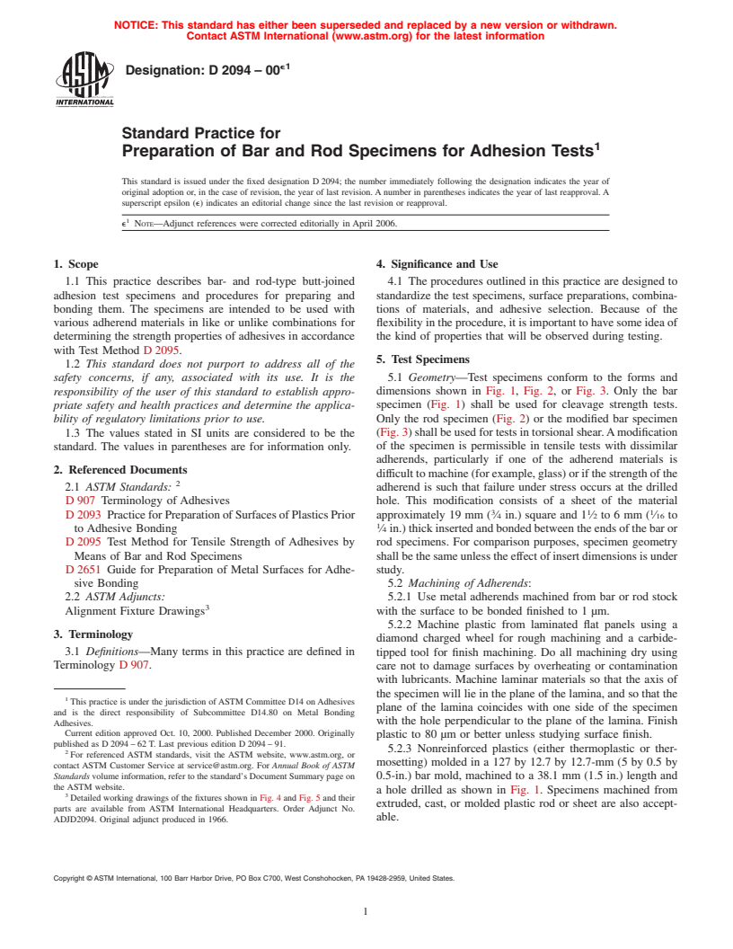 ASTM D2094-00e1 - Standard Practice for Preparation of Bar and Rod Specimens for Adhesion Tests