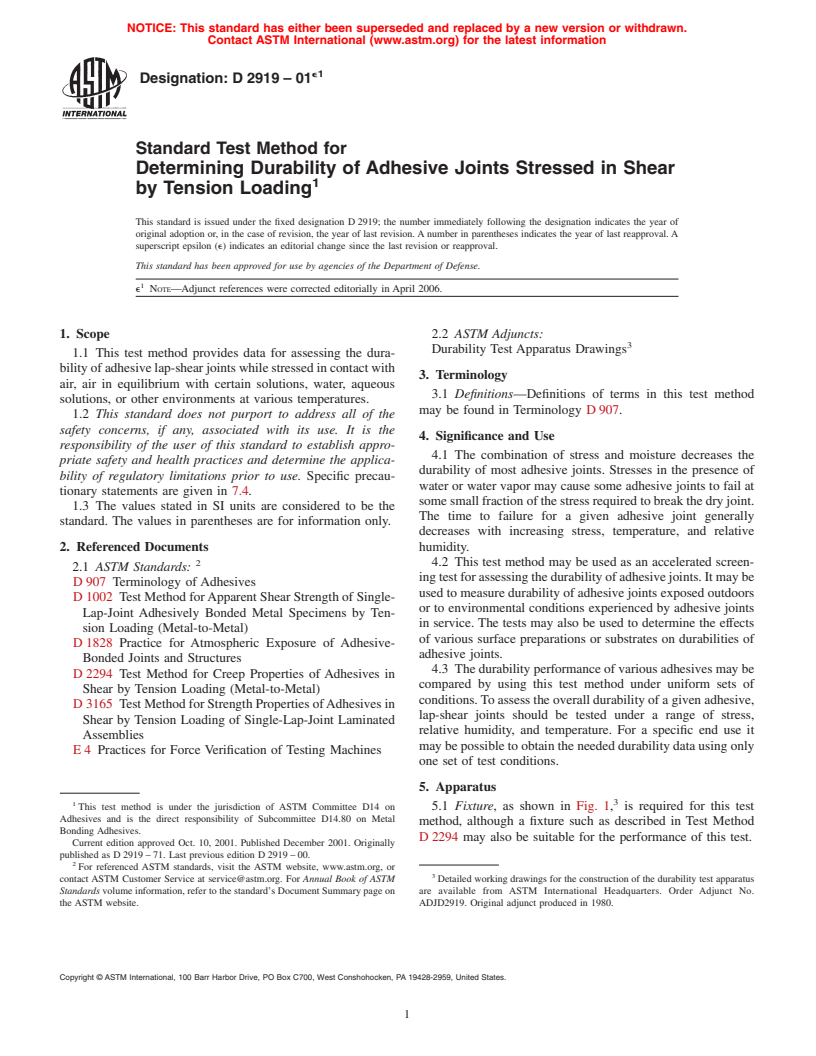 ASTM D2919-01e1 - Standard Test Method for Determining Durability of Adhesive Joints Stressed in Shear by Tension Loading