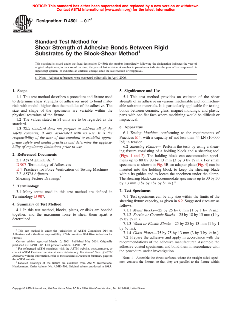 ASTM D4501-01e1 - Standard Test Method for Shear Strength of Adhesive Bonds Between Rigid Substrates by the Block-Shear Method