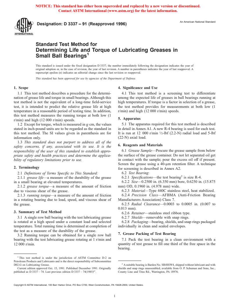 ASTM D3337-91(1996) - Standard Test Method for Determining Life and Torque of Lubricating Greases in Small Ball Bearings