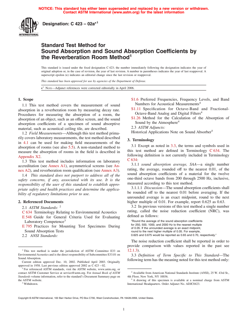 ASTM C423-02ae1 - Standard Test Method for Sound Absorption and Sound Absorption Coefficients by the Reverberation Room Method