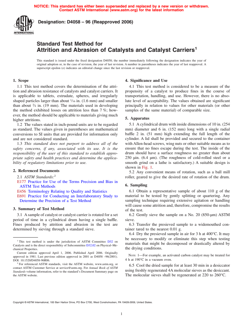 ASTM D4058-96(2006) - Standard Test Method for Attrition and Abrasion of Catalysts and Catalyst Carriers