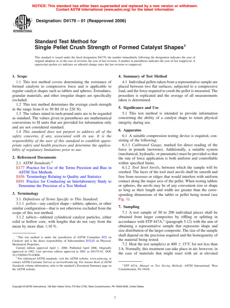 ASTM D4179-01(2006) - Standard Test Method for Single Pellet Crush Strength of Formed Catalyst Shapes