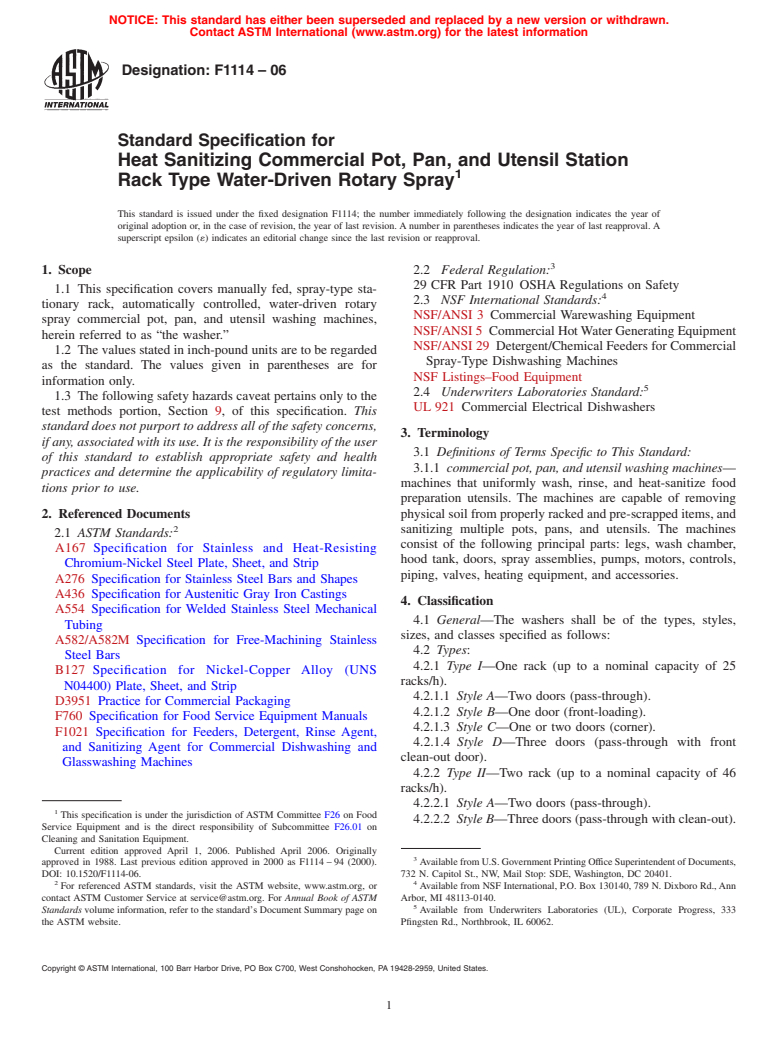 ASTM F1114-06 - Standard Specification for Heat Sanitizing Commercial Pot, Pan, and Utensil Station Rack Type Water-Driven Rotary Spray