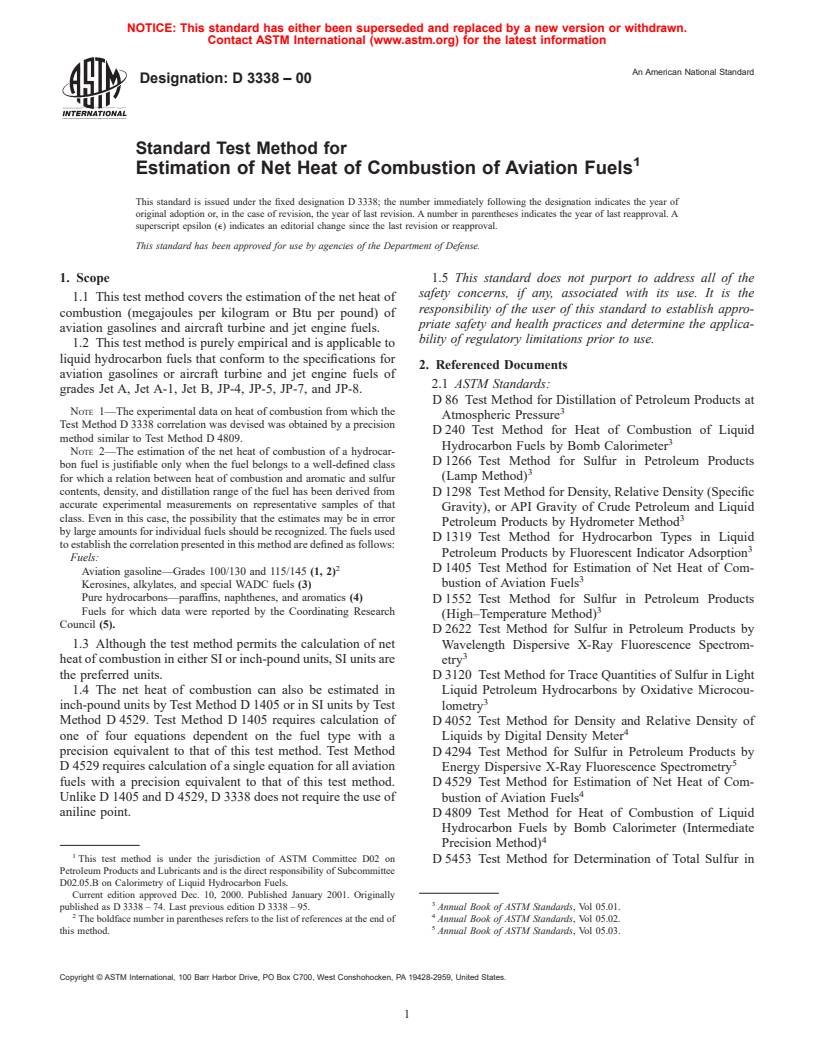 ASTM D3338-00 - Standard Test Method for Estimation of Net Heat of Combustion of Aviation Fuels