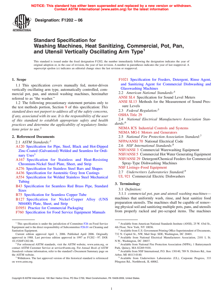 ASTM F1202-06 - Standard Specification for Washing Machines, Heat Sanitizing, Commercial, Pot, Pan, and Utensil Vertically Oscillating Arm Type