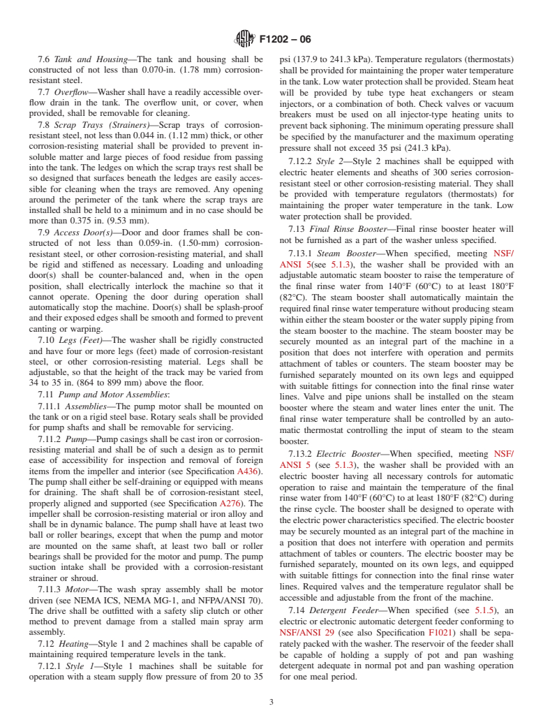 ASTM F1202-06 - Standard Specification for Washing Machines, Heat Sanitizing, Commercial, Pot, Pan, and Utensil Vertically Oscillating Arm Type