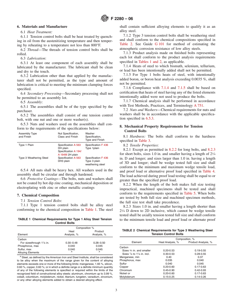 ASTM F2280-06 - Standard Specification for "Twist Off" Type Tension Control Structural Bolt/Nut/Washer Assemblies, Steel, Heat Treated, 150 ksi Minimum Tensile Strength