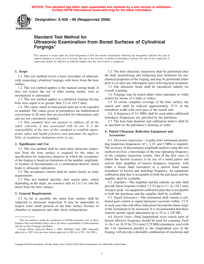 ASTM A939-96(2006) - Standard Test Method for Ultrasonic Examination from Bored Surfaces of Cylindrical Forgings