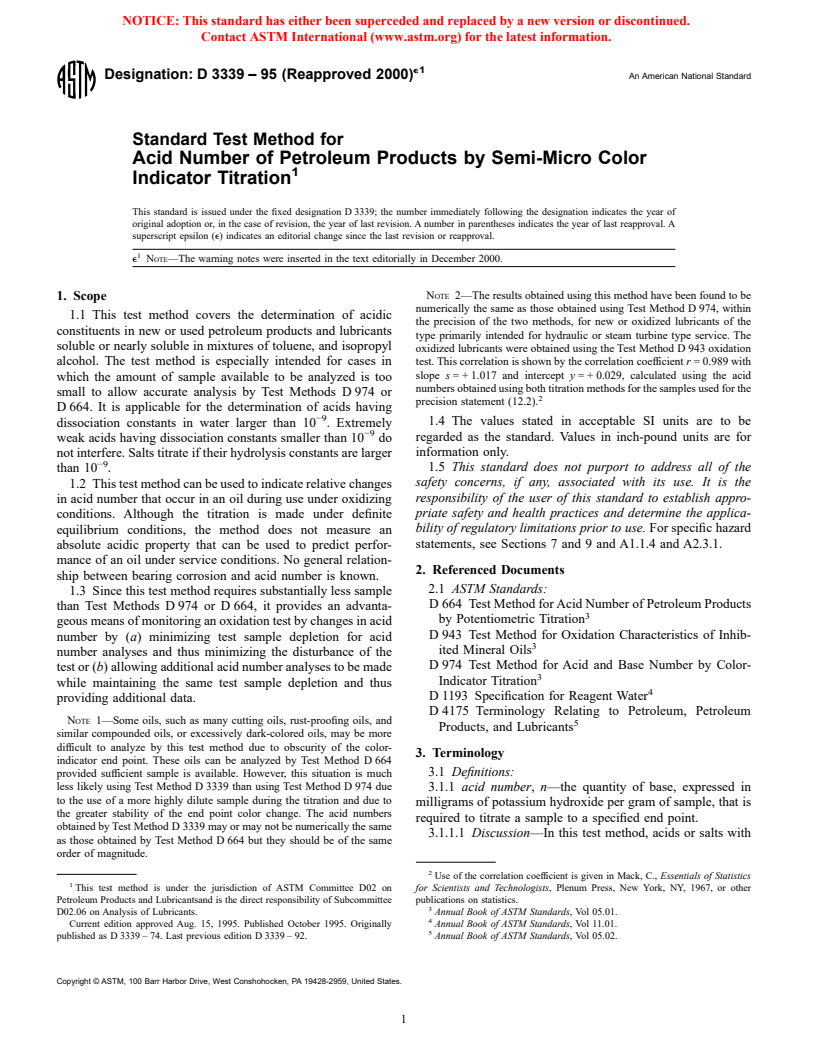 ASTM D3339-95(2000)e1 - Standard Test Method for Acid Number of Petroleum Products by Semi-Micro Color Indicator Titration