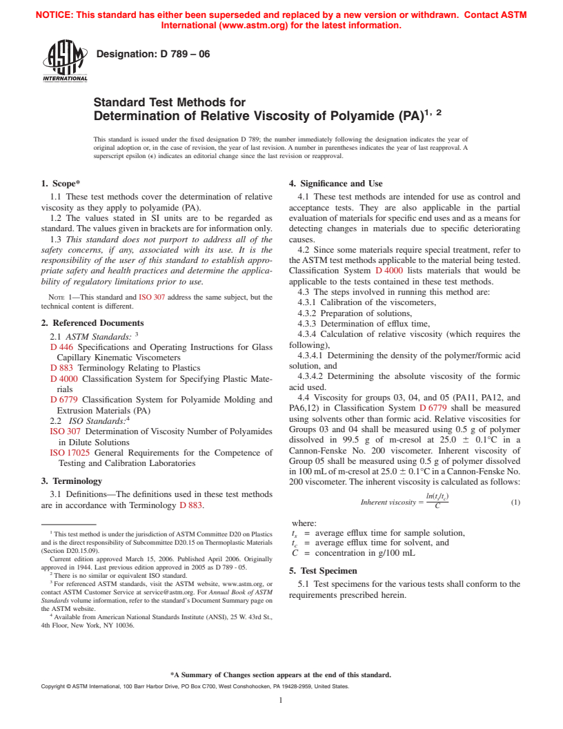 ASTM D789-06 - Standard Test Methods for Determination of Relative Viscosity of Polyamide (PA)