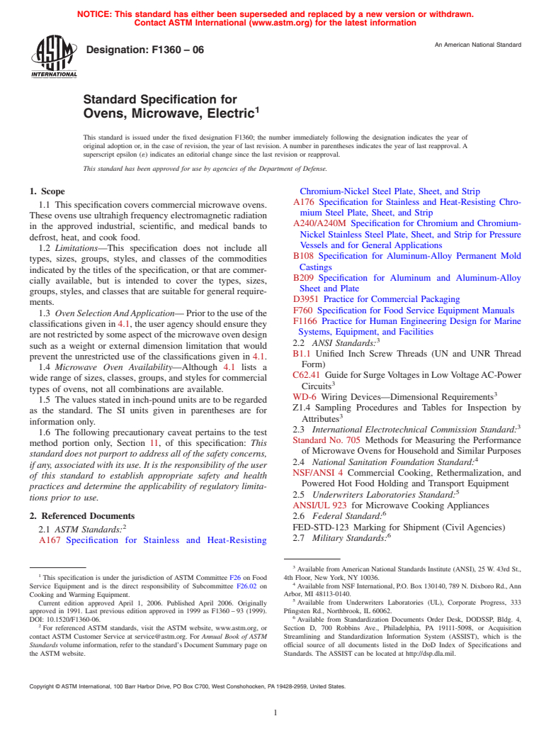 ASTM F1360-06 - Standard Specification for Ovens, Microwave, Electric