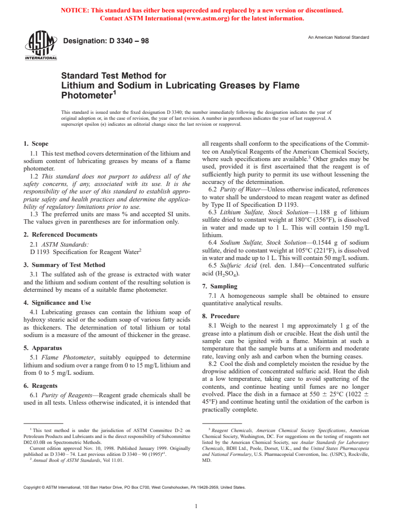 ASTM D3340-98 - Standard Test Method for Lithium and Sodium in Lubricating Greases by Flame Photometer