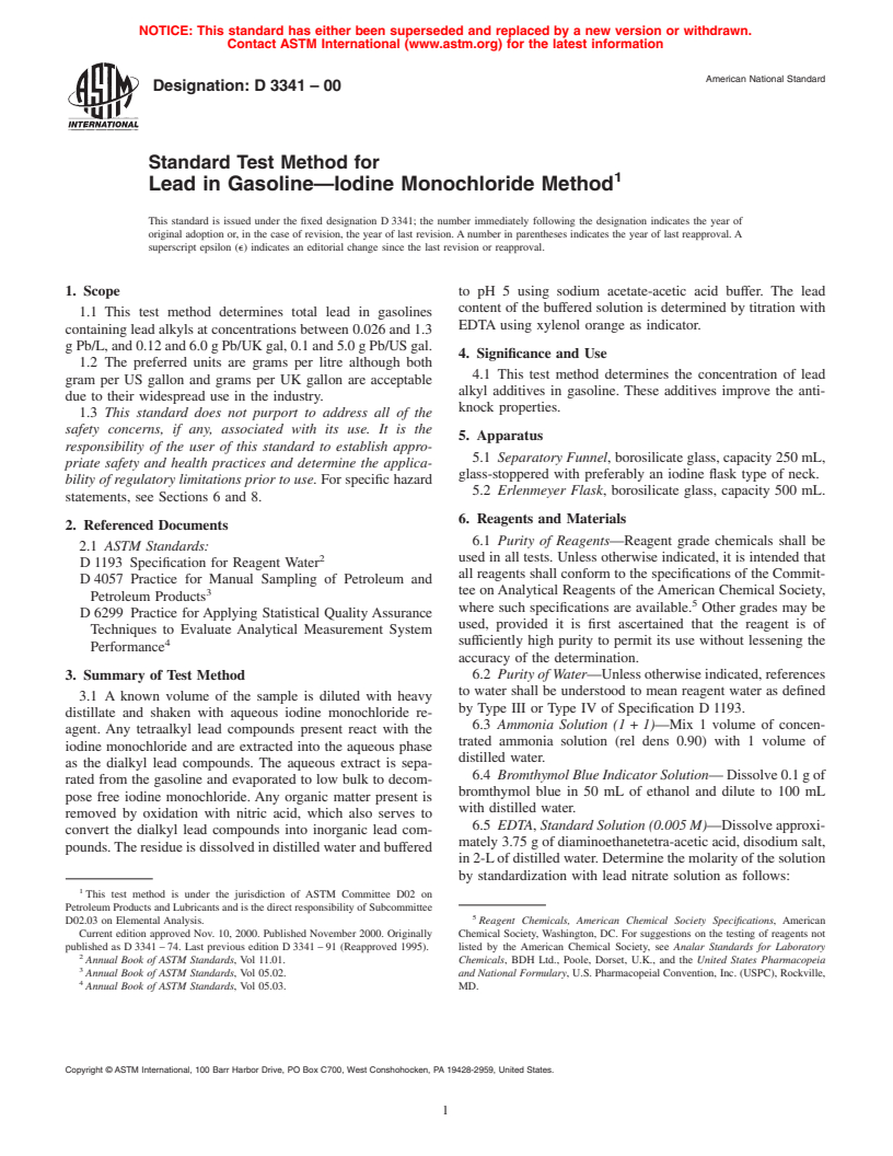 ASTM D3341-00 - Standard Test Method for Lead in Gasoline-Iodine Monochloride Method