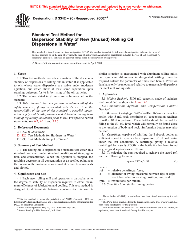 ASTM D3342-90(2000)e1 - Standard Test Method for Dispersion Stability of New (Unused) Rolling Oil Dispersions in Water