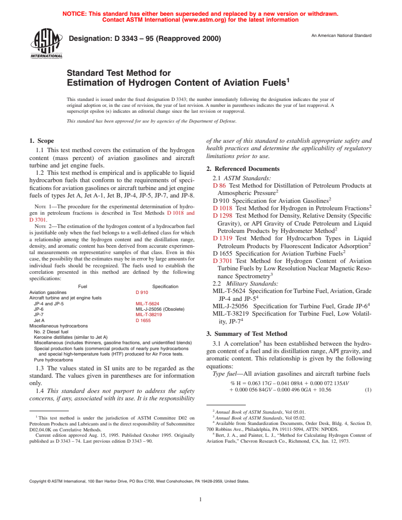 ASTM D3343-95(2000) - Standard Test Method for Estimation of Hydrogen Content of Aviation Fuels