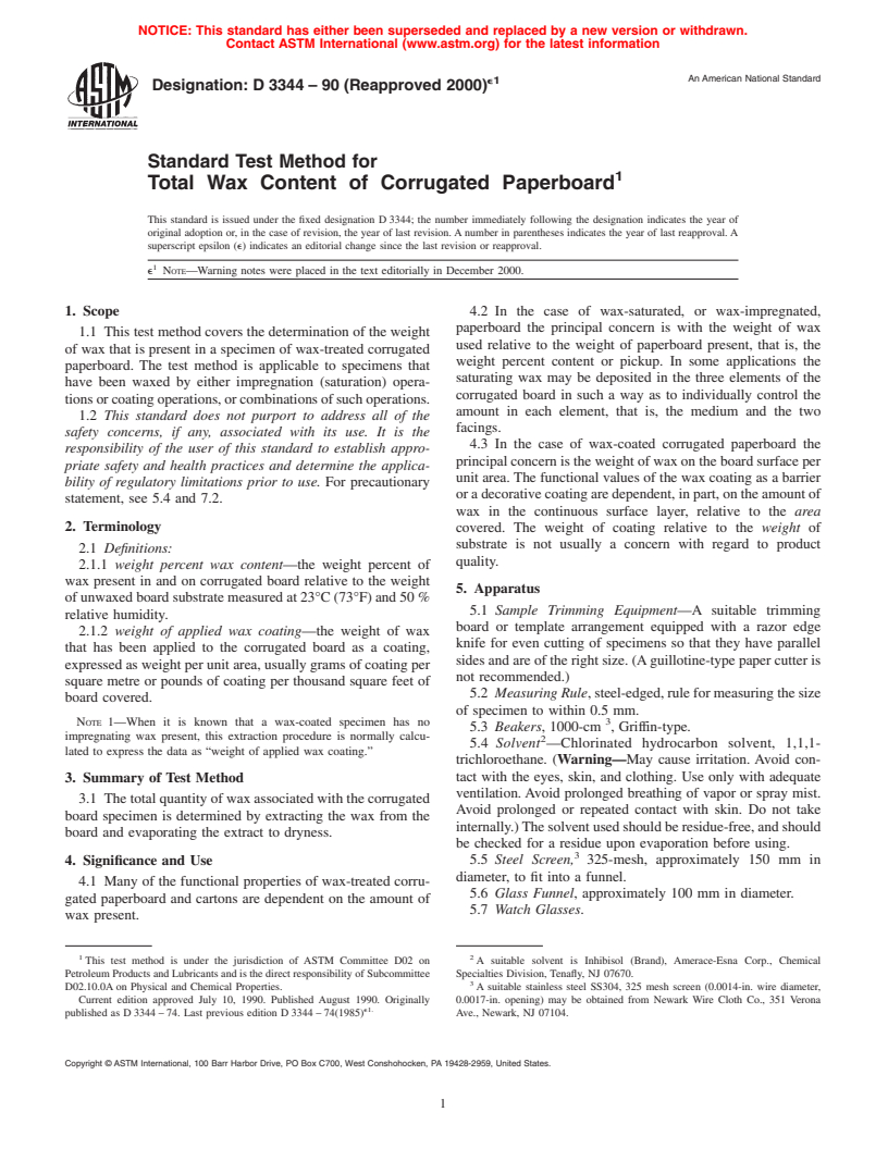 ASTM D3344-90(2000)e1 - Standard Test Method for Total Wax Content of Corrugated Paperboard