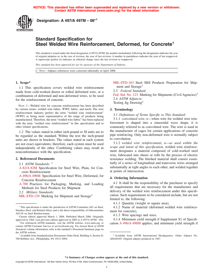 ASTM A497/A497M-06e1 - Standard Specification for Steel Welded Wire Reinforcement, Deformed, for Concrete