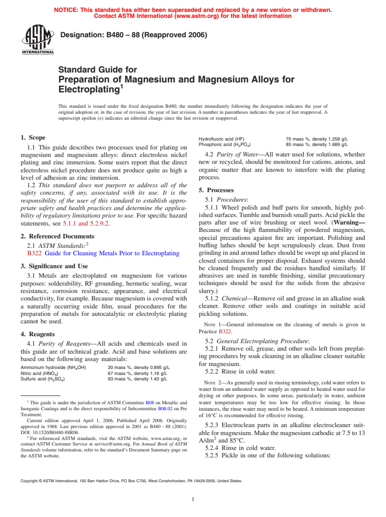 ASTM B480-88(2006) - Standard Guide for Preparation of Magnesium and Magnesium Alloys for Electroplating