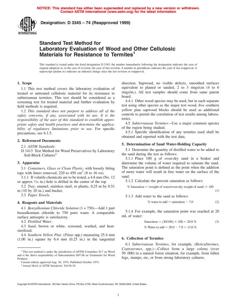 ASTM D3345-74(1999) - Standard Test Method for Laboratory Evaluation of Wood and Other Cellulosic Materials for Resistance to Termites