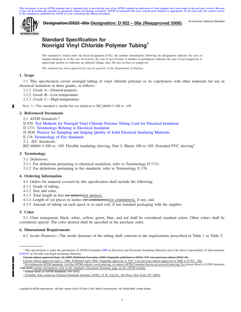 REDLINE ASTM D922-00a(2006) - Standard Specification for Nonrigid Vinyl Chloride Polymer Tubing