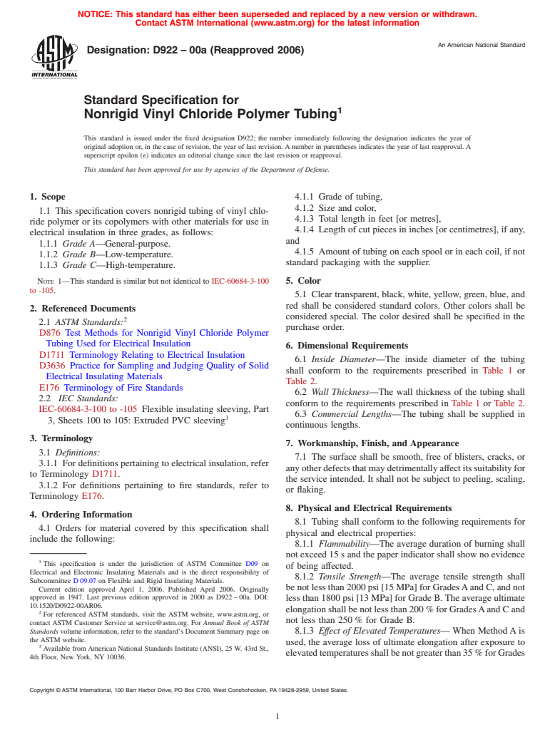 ASTM D922-00a(2006) - Standard Specification for Nonrigid Vinyl Chloride Polymer Tubing