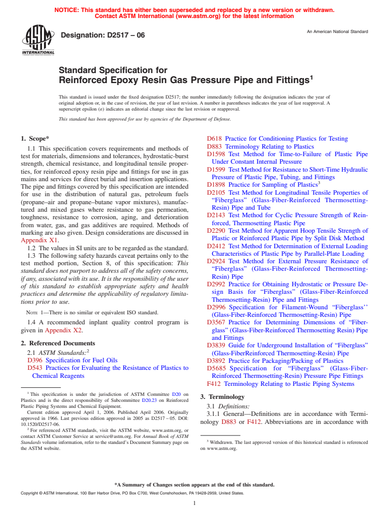 ASTM D2517-06 - Standard Specification for Reinforced Epoxy Resin Gas Pressure Pipe and Fittings