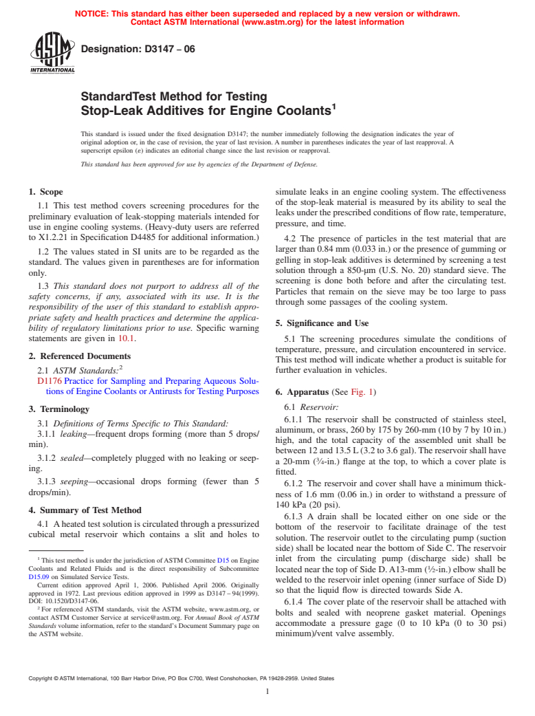 ASTM D3147-06 - Standard Test Method for Testing Stop-Leak Additives for Engine Coolants