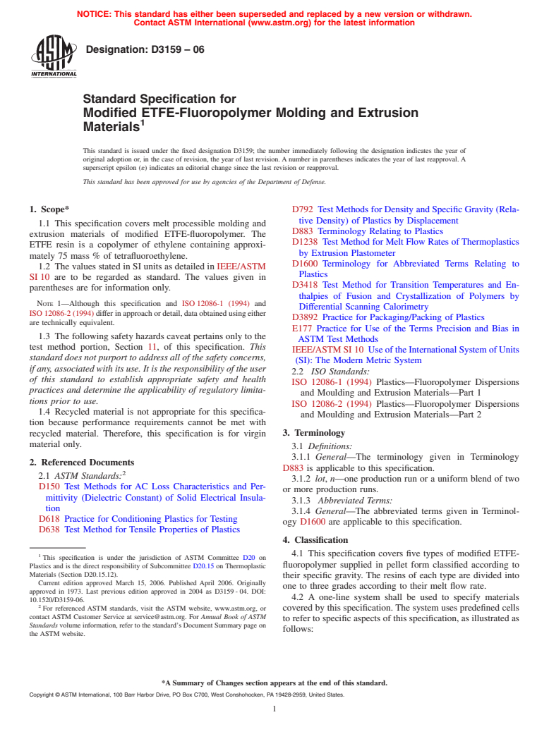 ASTM D3159-06 - Standard Specification for Modified ETFE-Fluoropolymer Molding and Extrusion Materials