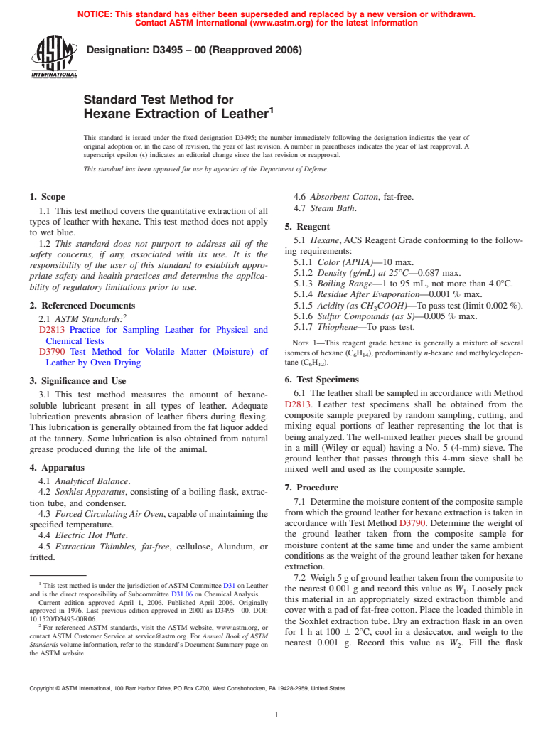 ASTM D3495-00(2006) - Standard Test Method for Hexane Extraction of Leather
