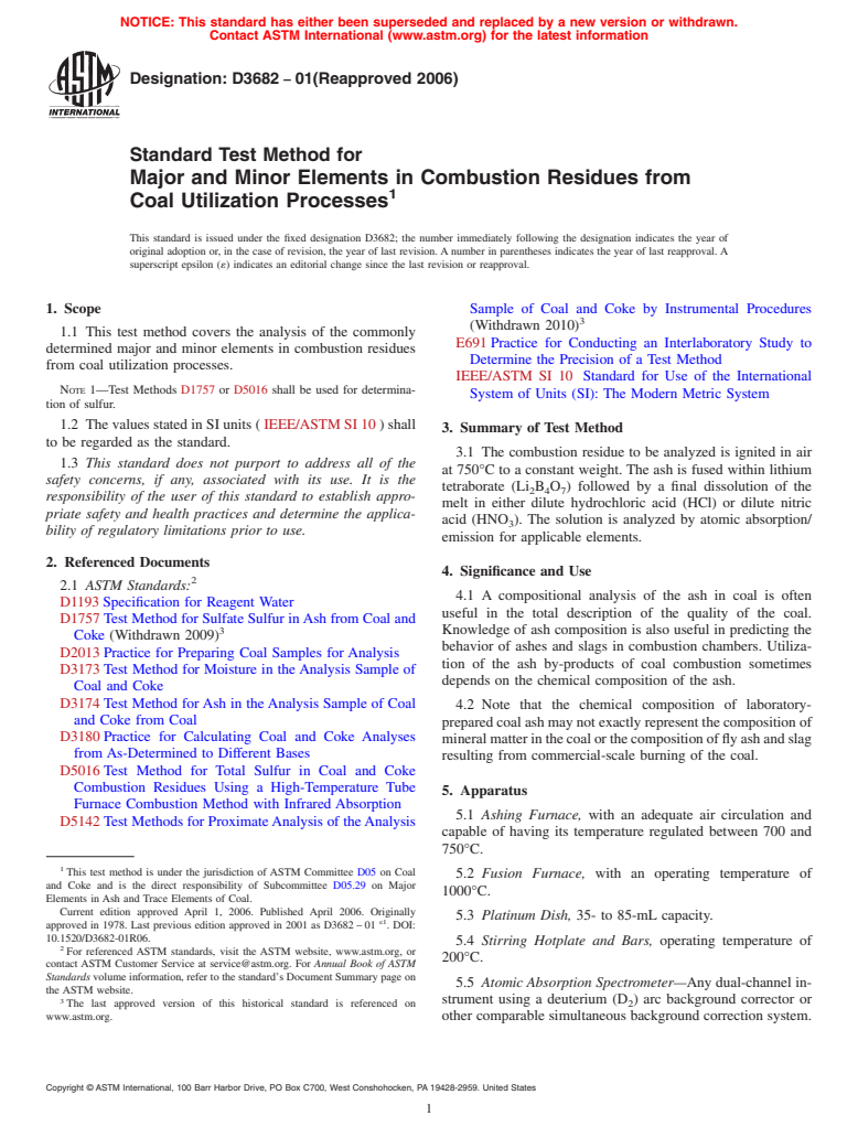 ASTM D3682-01(2006) - Standard Test Method for Major and Minor Elements in Combustion Residues from Coal Utilization Processes