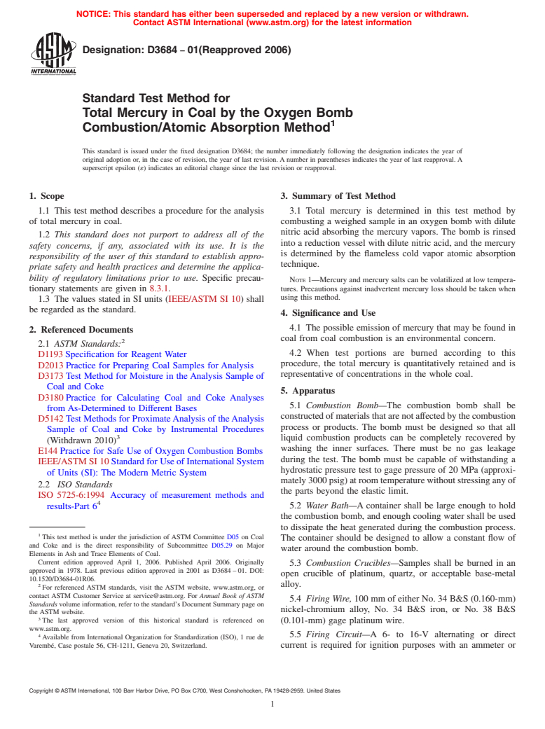 ASTM D3684-01(2006) - Standard Test Method for Total Mercury in Coal by the Oxygen Bomb Combustion/Atomic Absorption Method (Withdrawn 2014)