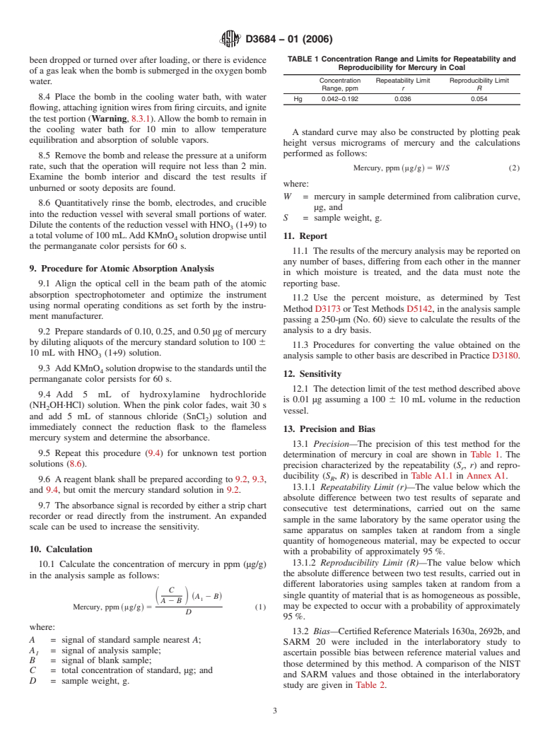 ASTM D3684-01(2006) - Standard Test Method for Total Mercury in Coal by the Oxygen Bomb Combustion/Atomic Absorption Method (Withdrawn 2014)