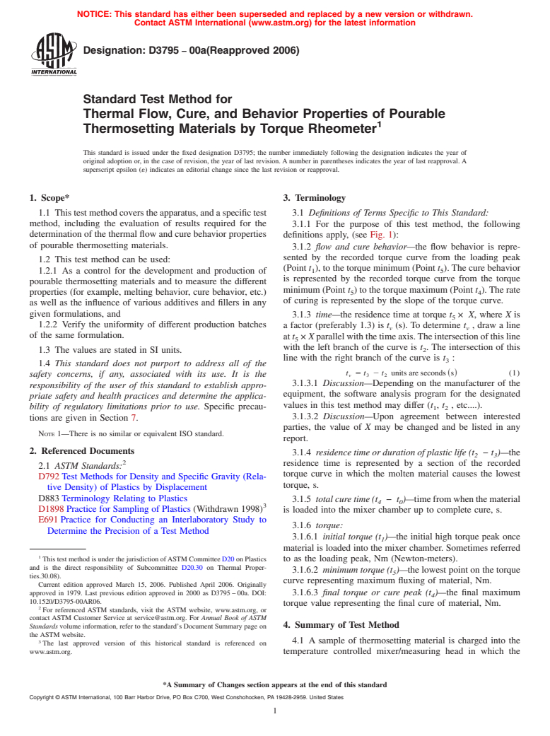 ASTM D3795-00a(2006) - Standard Test Method for Thermal Flow, Cure, and Behavior Properties of Pourable Thermosetting Materials by Torque Rheometer