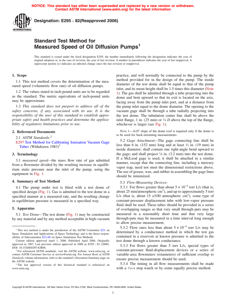 ASTM E295-82(2006) - Standard Test Method for Measured Speed of Oil Diffusion Pumps