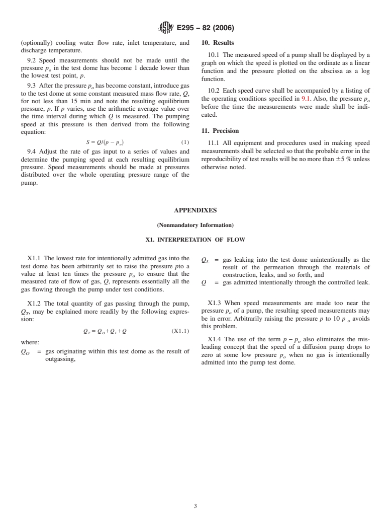 ASTM E295-82(2006) - Standard Test Method for Measured Speed of Oil Diffusion Pumps