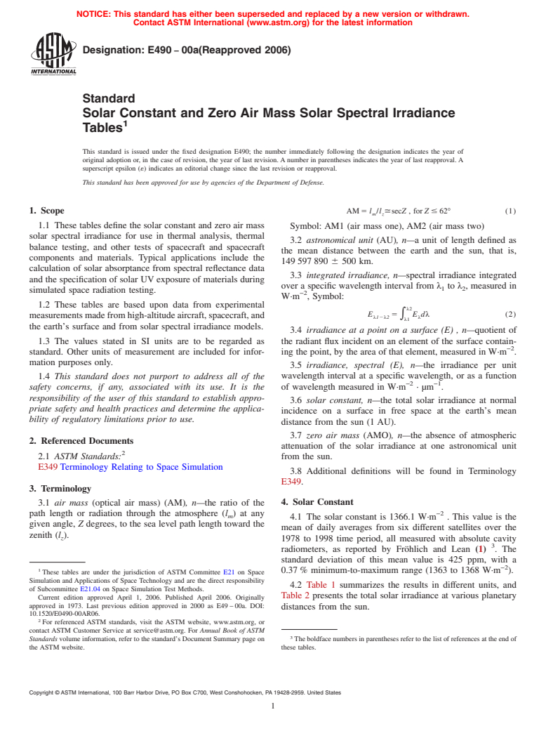 ASTM E490-00a(2006) - Standard Solar Constant and Zero Air Mass Solar Spectral Irradiance Tables