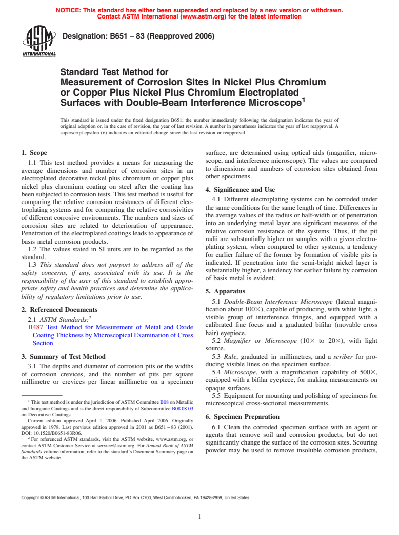 ASTM B651-83(2006) - Standard Test Method for Measurement of Corrosion Sites in Nickel Plus Chromium or Copper Plus Nickel Plus Chromium Electroplated Surfaces with Double-Beam Interference Microscope