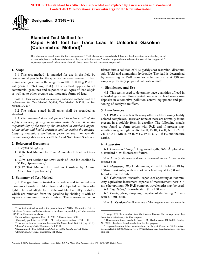 ASTM D3348-98 - Standard Test Method for Rapid Field Test for Trace Lead In Unleaded Gasoline (Colorimetric Method)