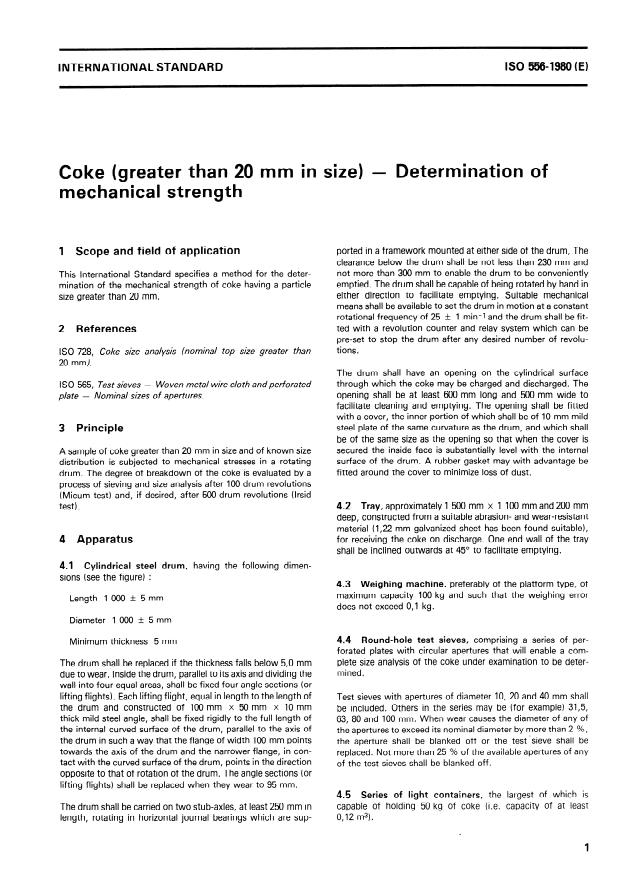 ISO 556:1980 - Coke (greater than 20 mm in size) -- Determination of mechanical strength