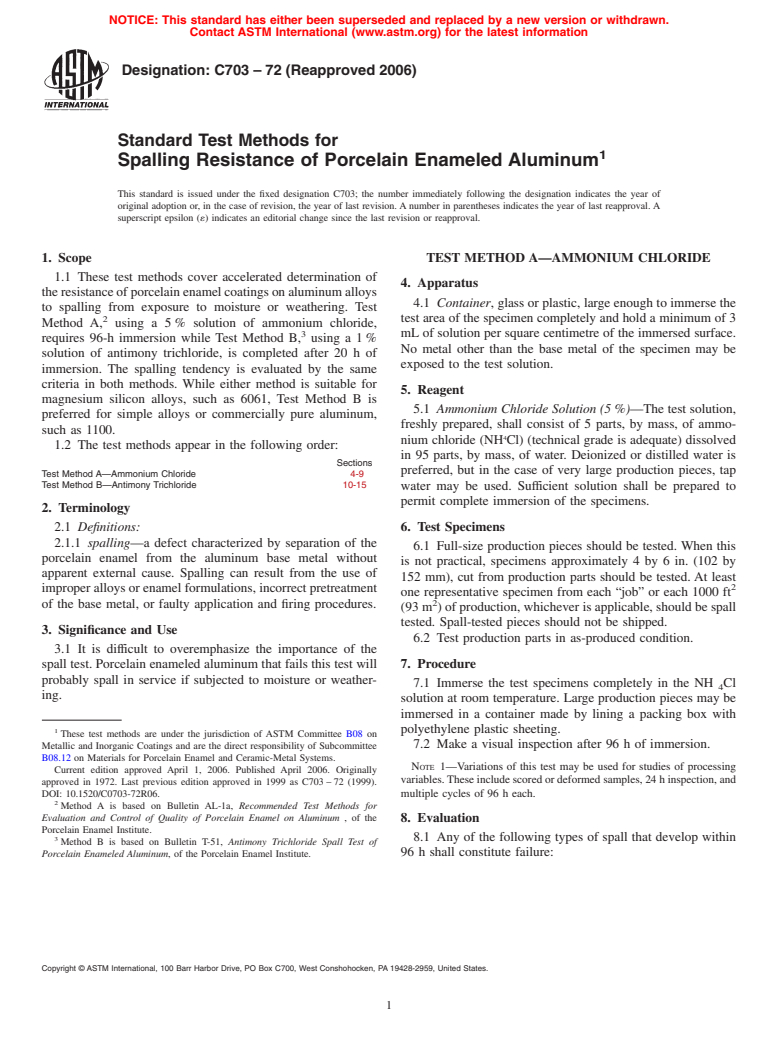 ASTM C703-72(2006) - Standard Test Methods for Spalling Resistance of Porcelain Enameled Aluminum