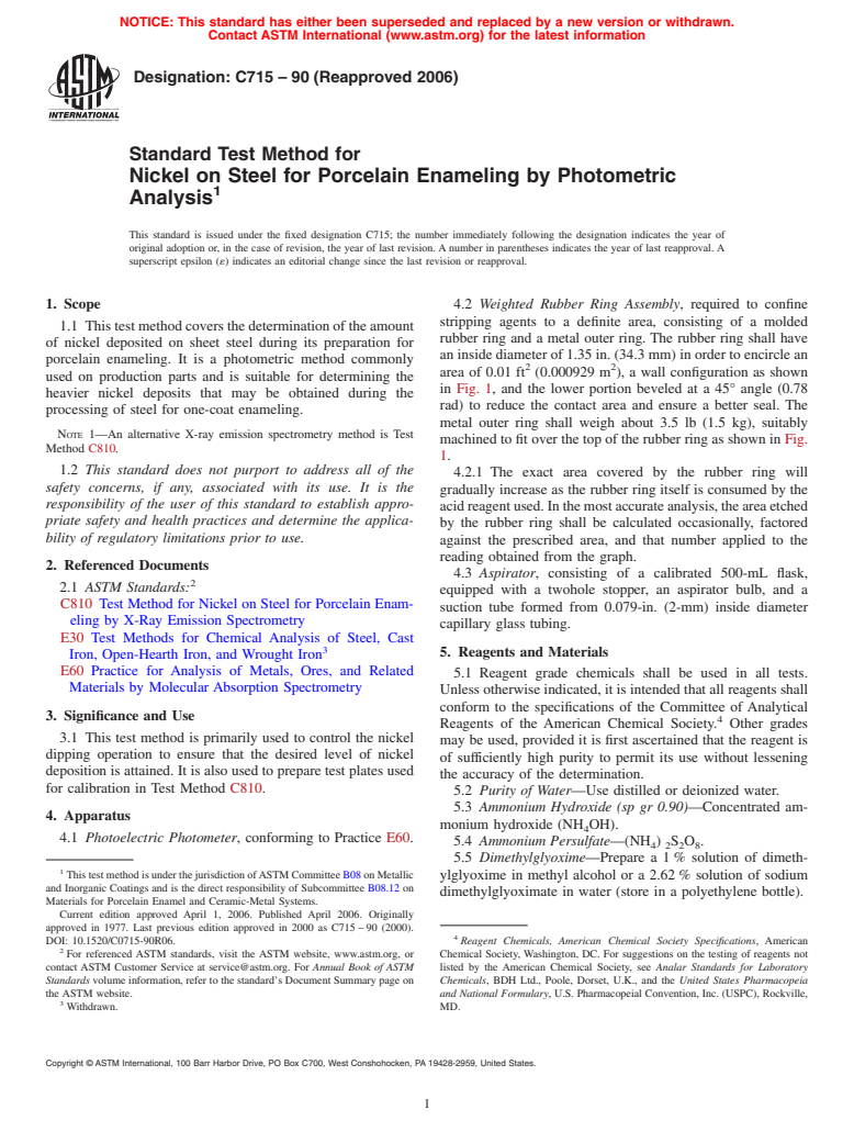 ASTM C715-90(2006) - Standard Test Method for Nickel on Steel for Porcelain Enameling by Photometric Analysis