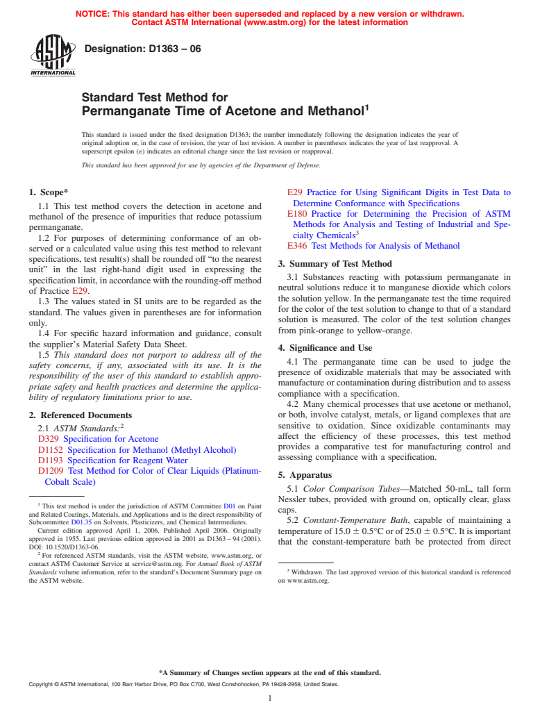 ASTM D1363-06 - Standard Test Method for Permanganate Time of Acetone and Methanol